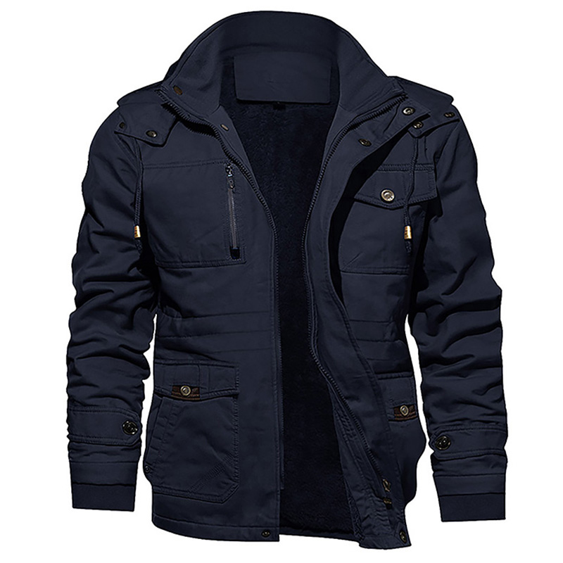 Jacket af Winter Custom Fleece Lined Jacket Windbreaker Jacket with Fur Collar for Mens Tøj flytbar hat